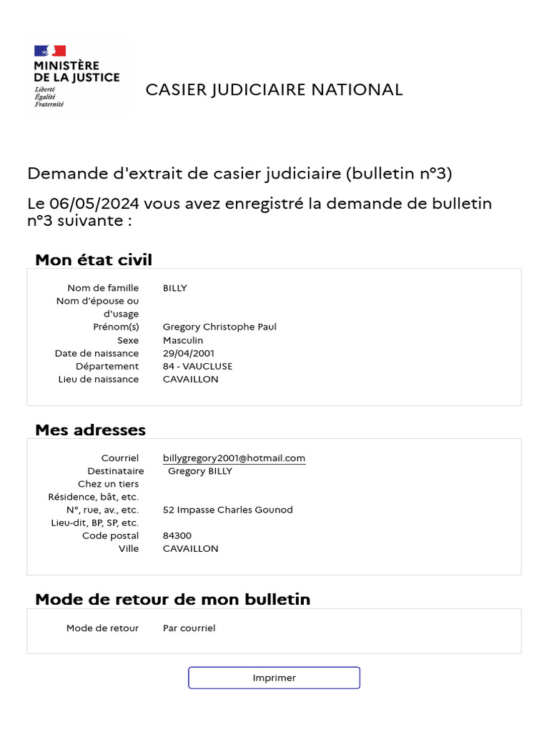 Demande D'extrait de Casier Judiciaire (Bulletin | PDF