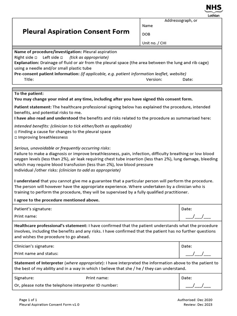 Pleural Aspiration Consent Form | PDF | Medicine | Diseases And Disorders