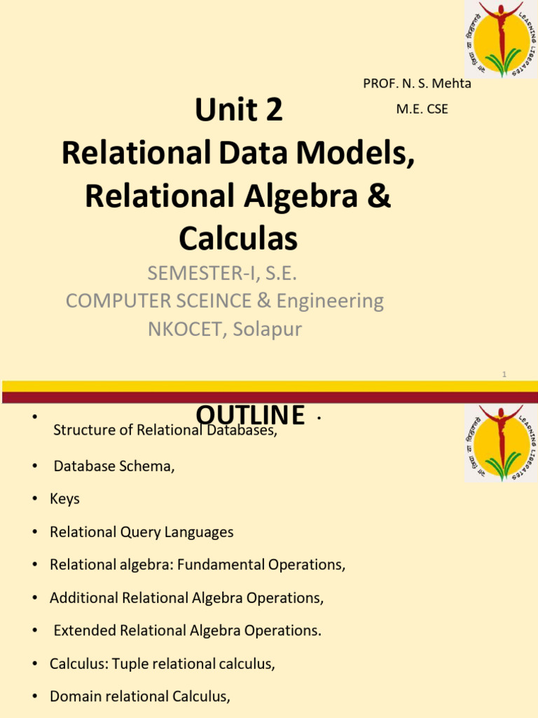 Unit-2 Relational Data Models - Relational Algebra - Calculas | PDF ...