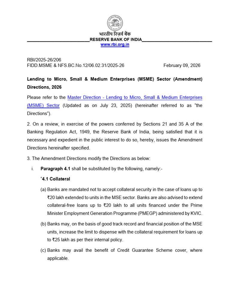 RBI Lending To MSME Sector Amendment Directions - Feb 9 2026 | PDF