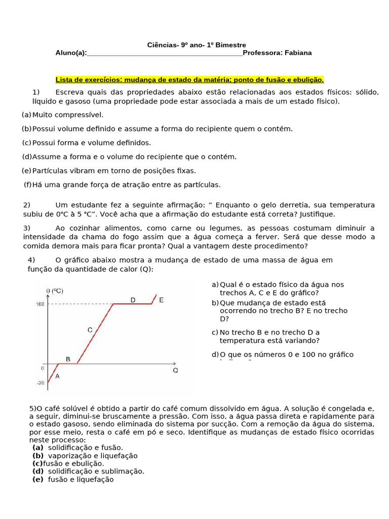 Gabarito Mudança de Estado Da Materia Exercicios | PDF | Congelamento ...