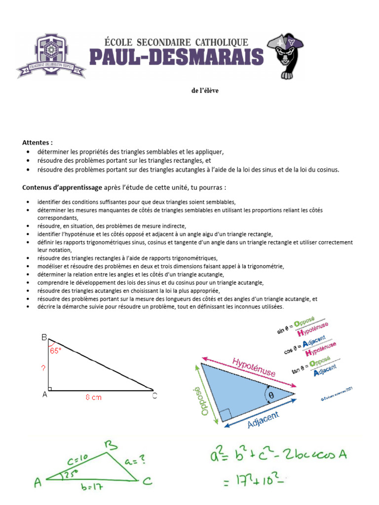Notes de Cours Unité 5 - 2024 | PDF | Fonction trigonométrique | Triangle