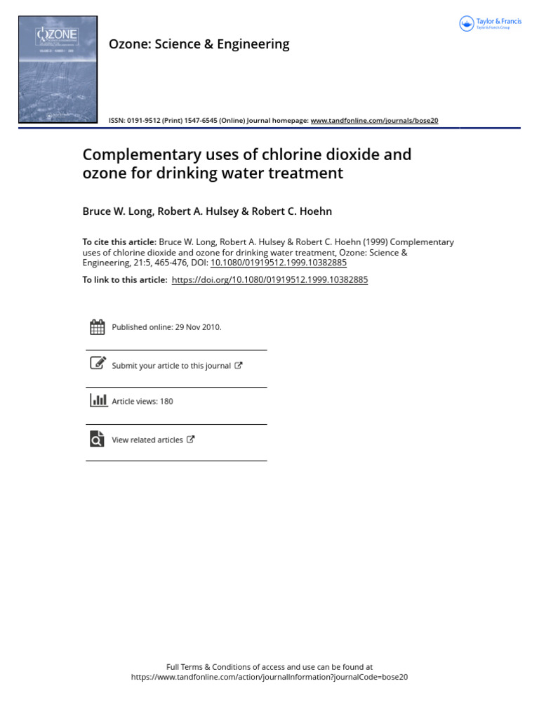 Complementary Uses of Chlorine Dioxide and Ozone For Drinking Water ...