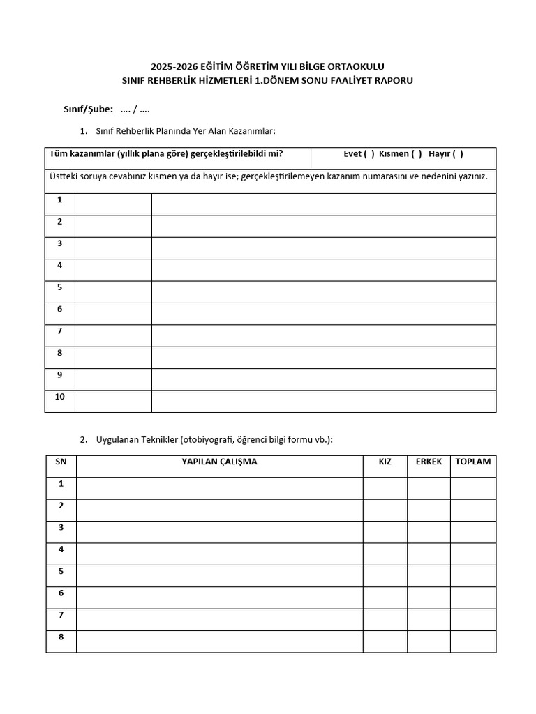 Sınıf Rehberlik Faaliyetleri 1.dönem Sonu Faaliyet Raporu | PDF