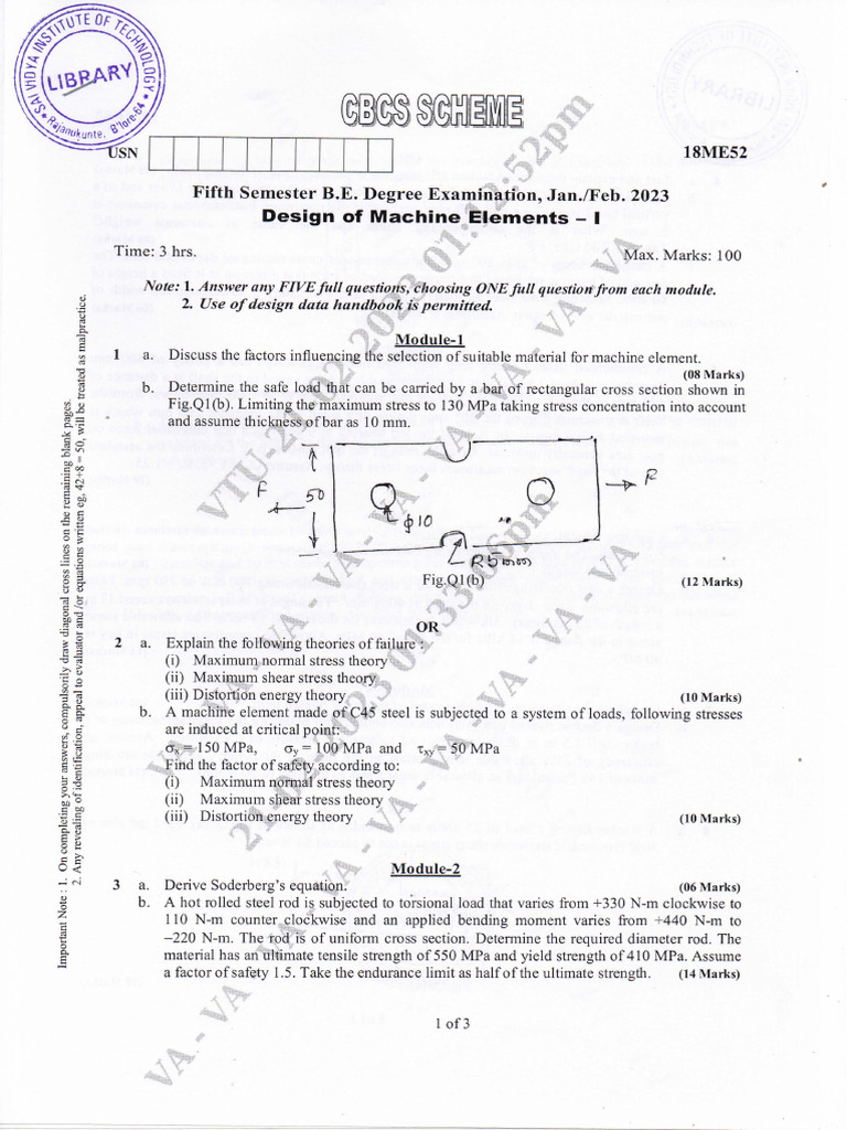 Design of Machine Elements-I 18ME52 Jan-Feb 2023 | PDF