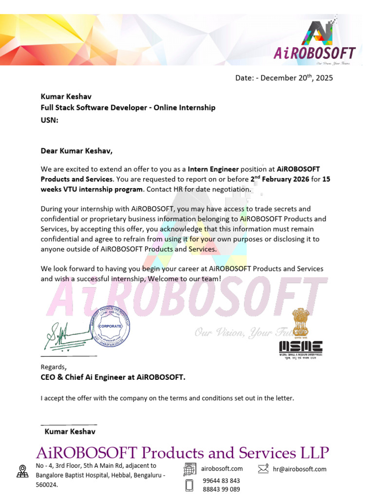 Internship Offer Letter - AiROBOSOFT Products and Services LLP | PDF
