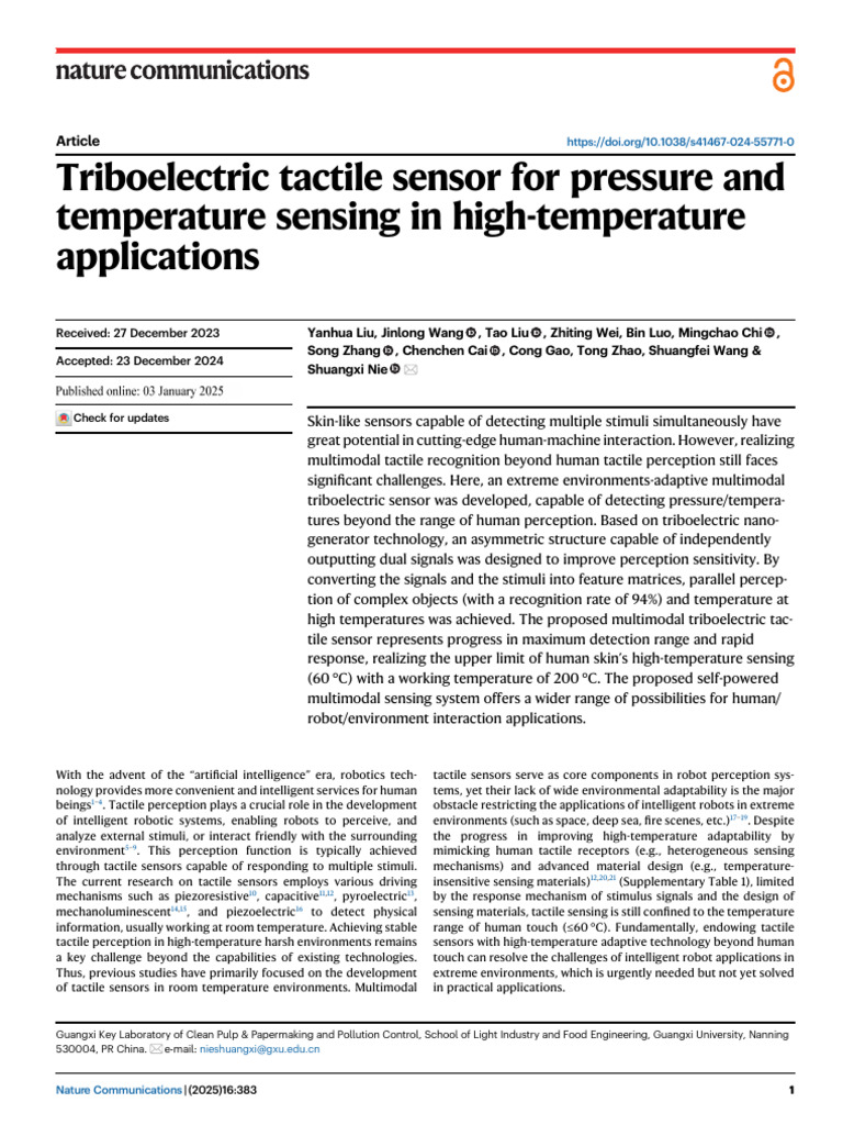 Triboelectric Tactile Sensor For Pressure and Temperature Sensing in ...