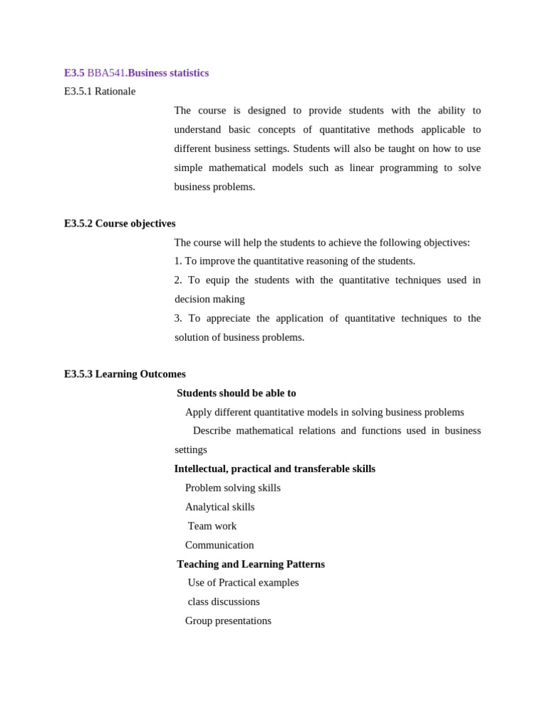 Business Statistics Course Outline | PDF | Statistics | Mathematics