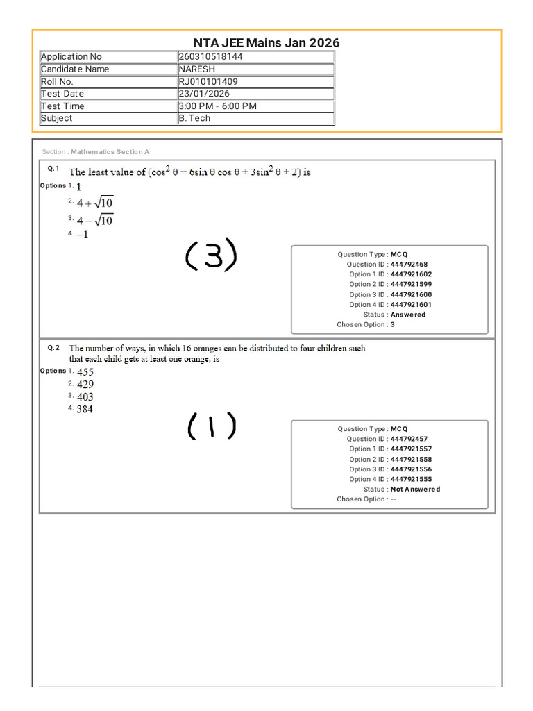 23 Jan Shift 2 JEE MAIN 2026 Answer Key | PDF | Vocational Education ...