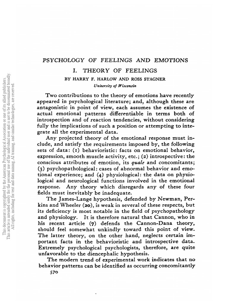 Psychology of Feeling and Emotions I Theory of Feelings - Harlow | PDF ...
