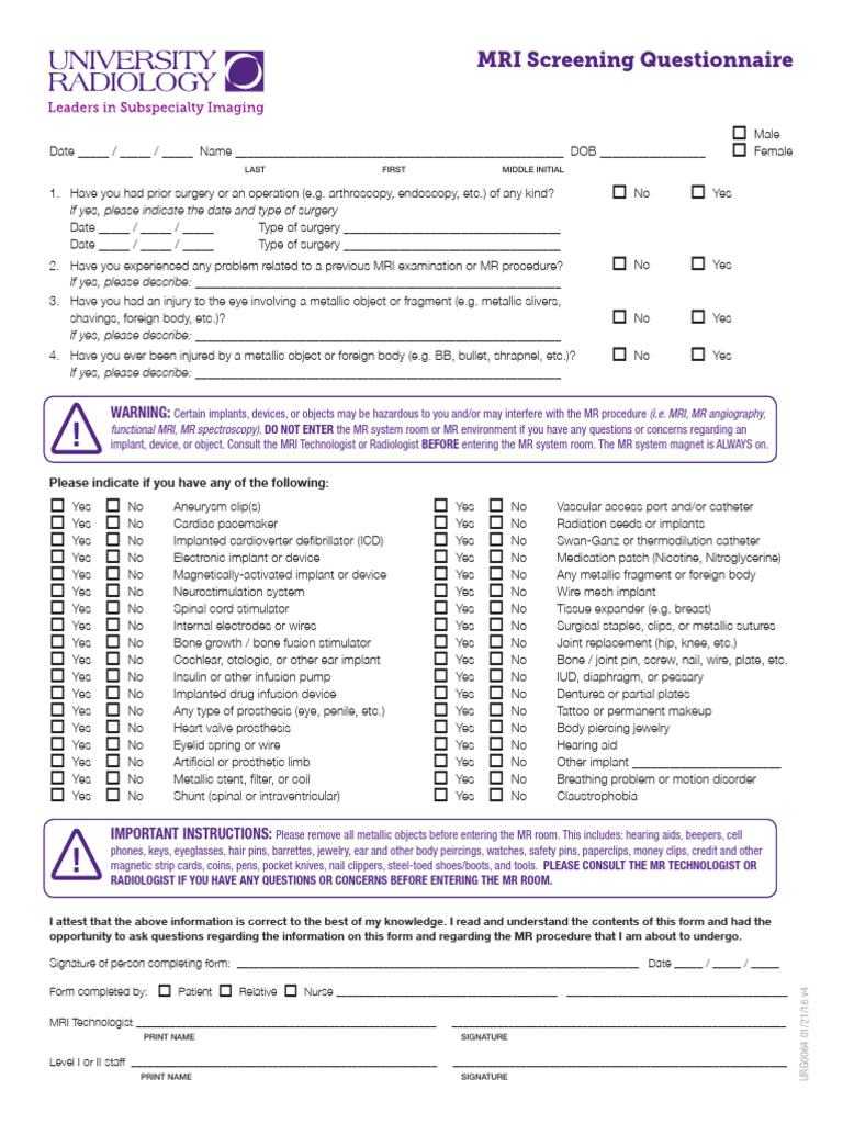Questionnaire-University Radiology MRI Screening 04262016 | PDF ...