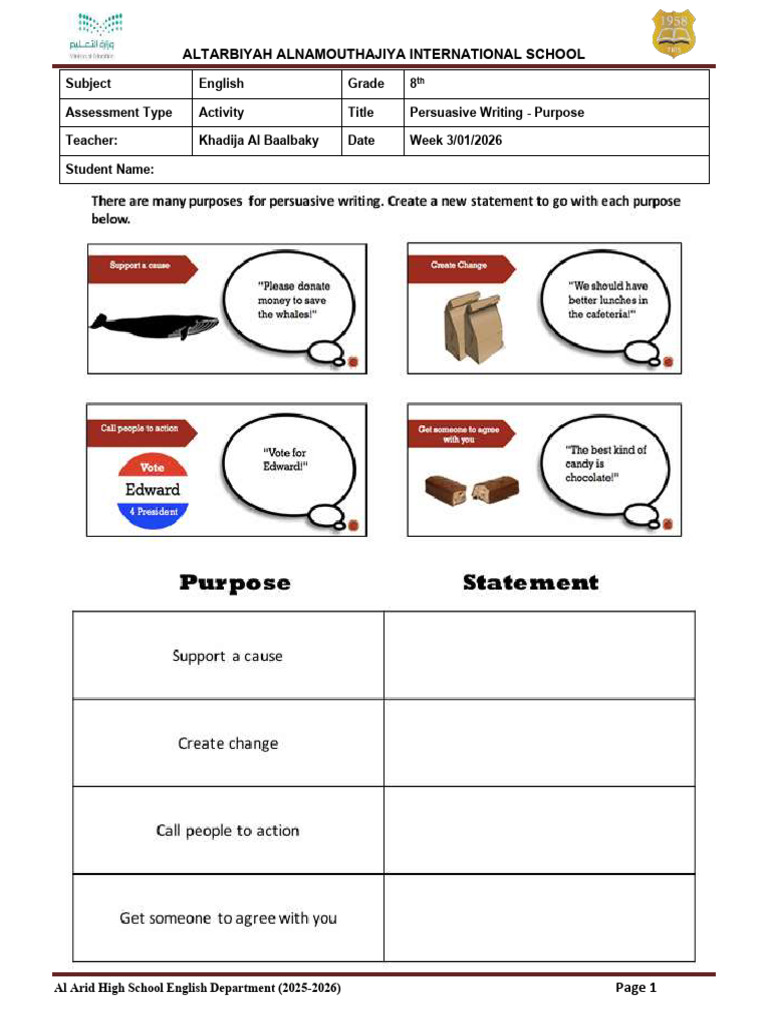 Week 3 Gr.8 Writing Persuasive Writing Purpose Activity | PDF