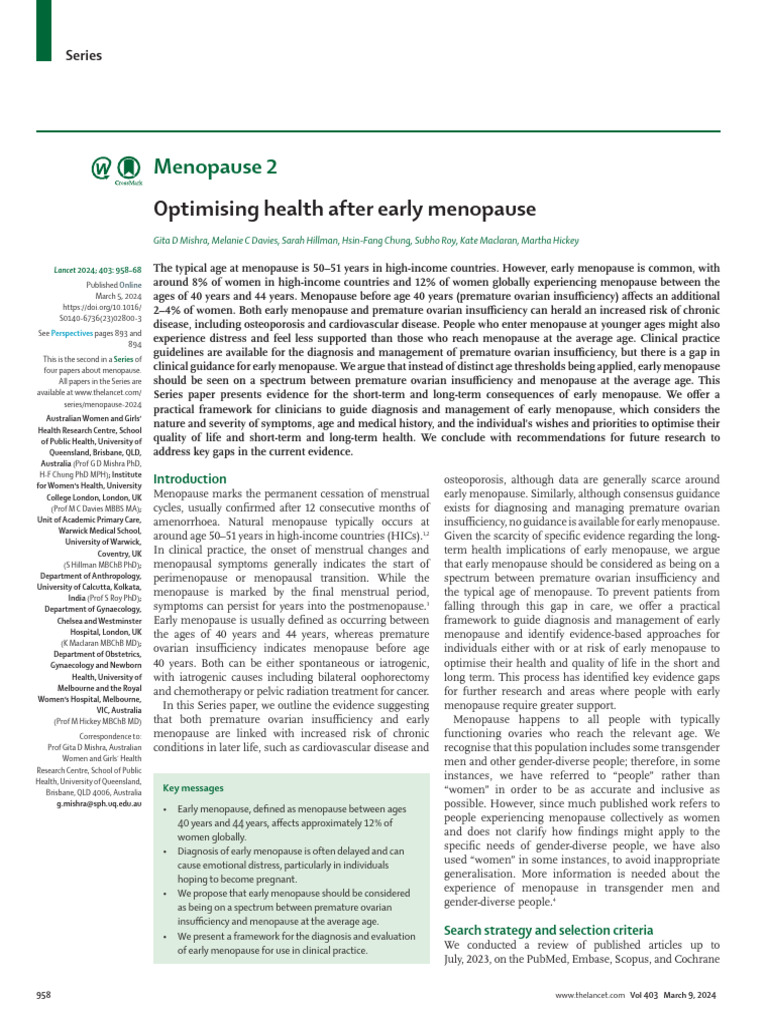 Optimising Health After Early Menopause | PDF | Menopause | Ovarian Cancer