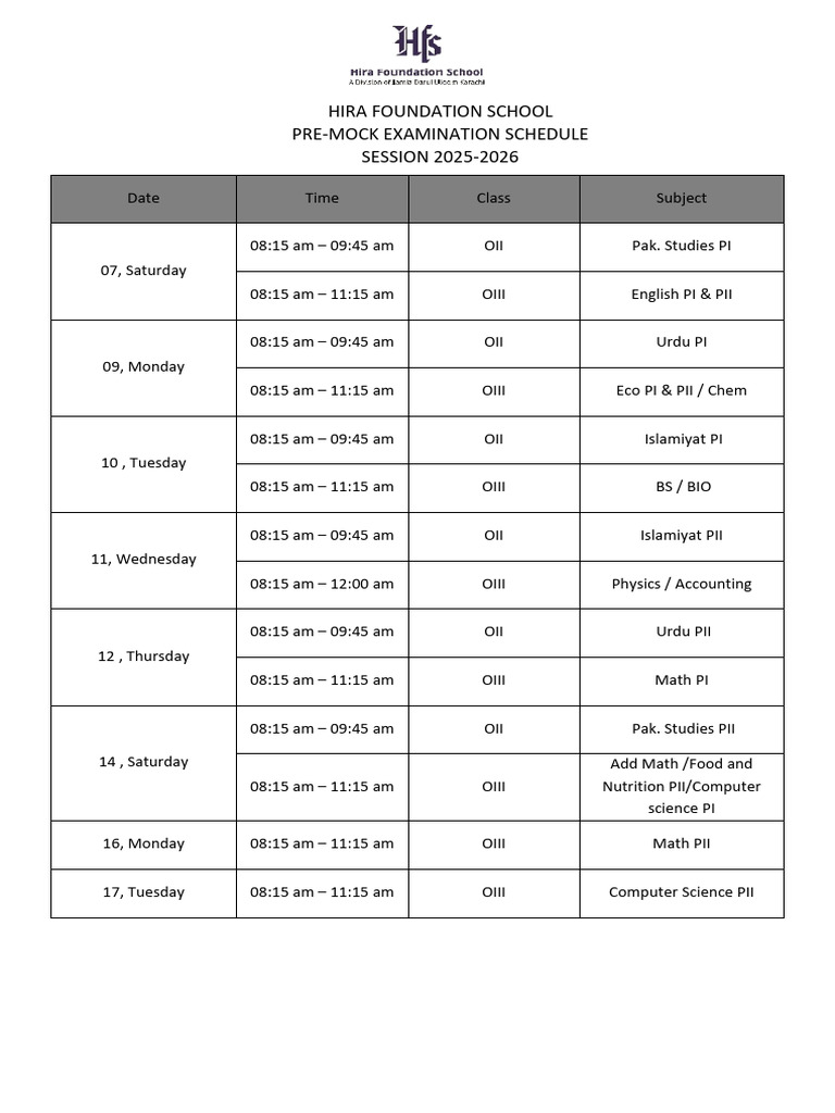 Pre Mock Time Table | PDF