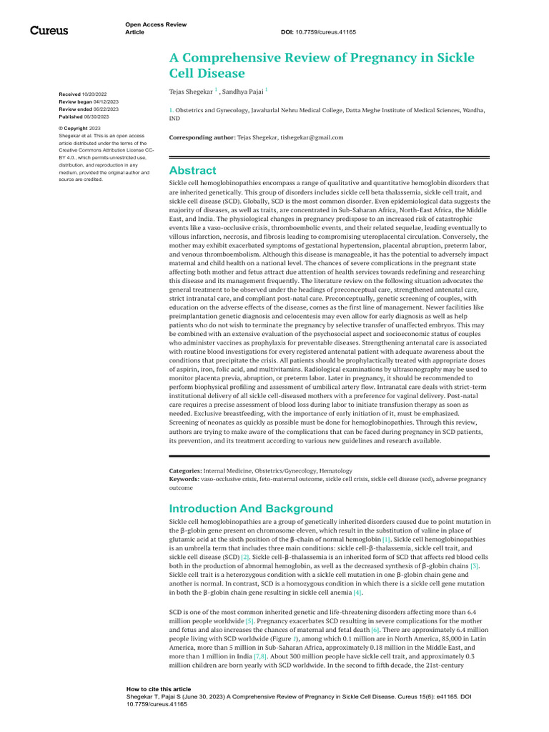 A Comprehensive Review of Pregnancy in Sickle Cell Disease | PDF ...