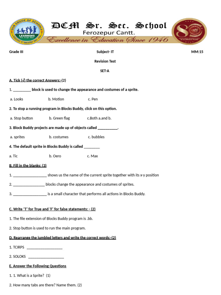 Grade 3 CH- 7 Block Buddy Scratch Revision Test Set A | PDF