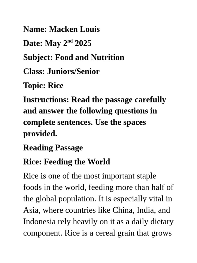 Worksheet On Rice For Juniors - Docx Students | PDF | Rice | Agriculture