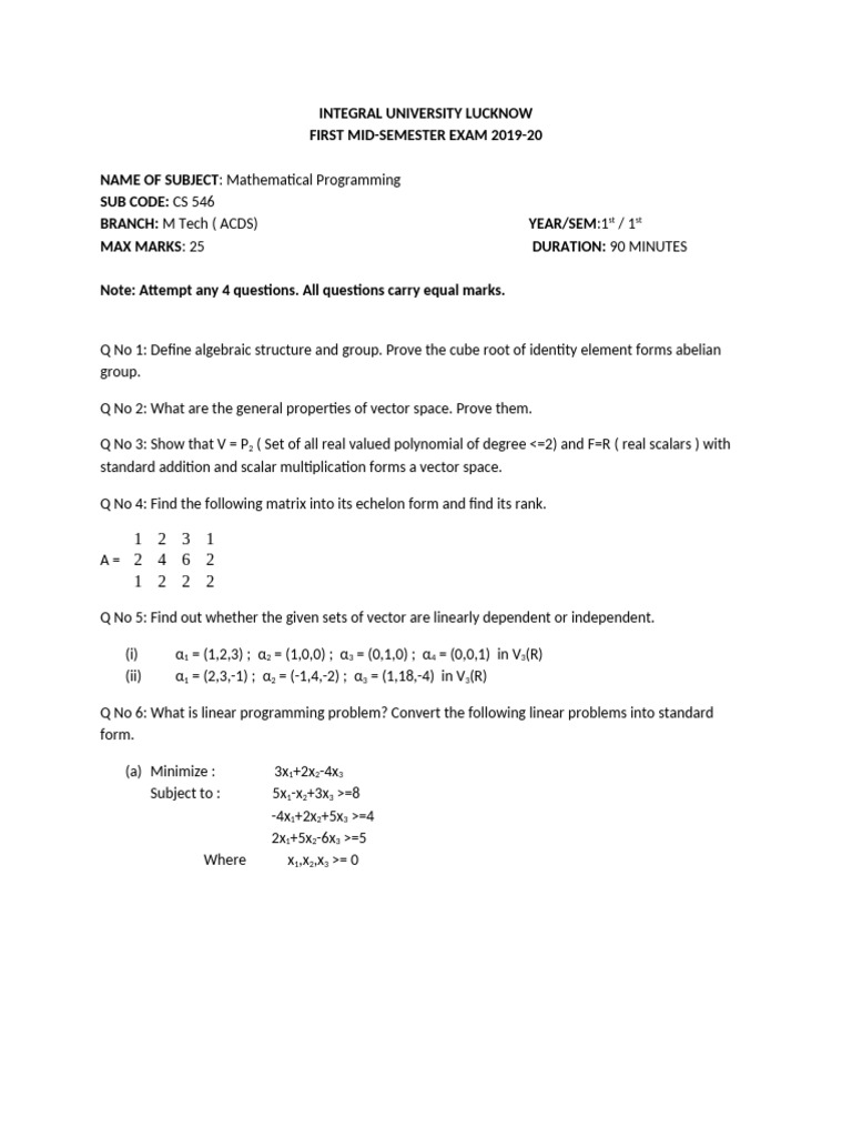1st Mid Sem Mathematical Programming | PDF