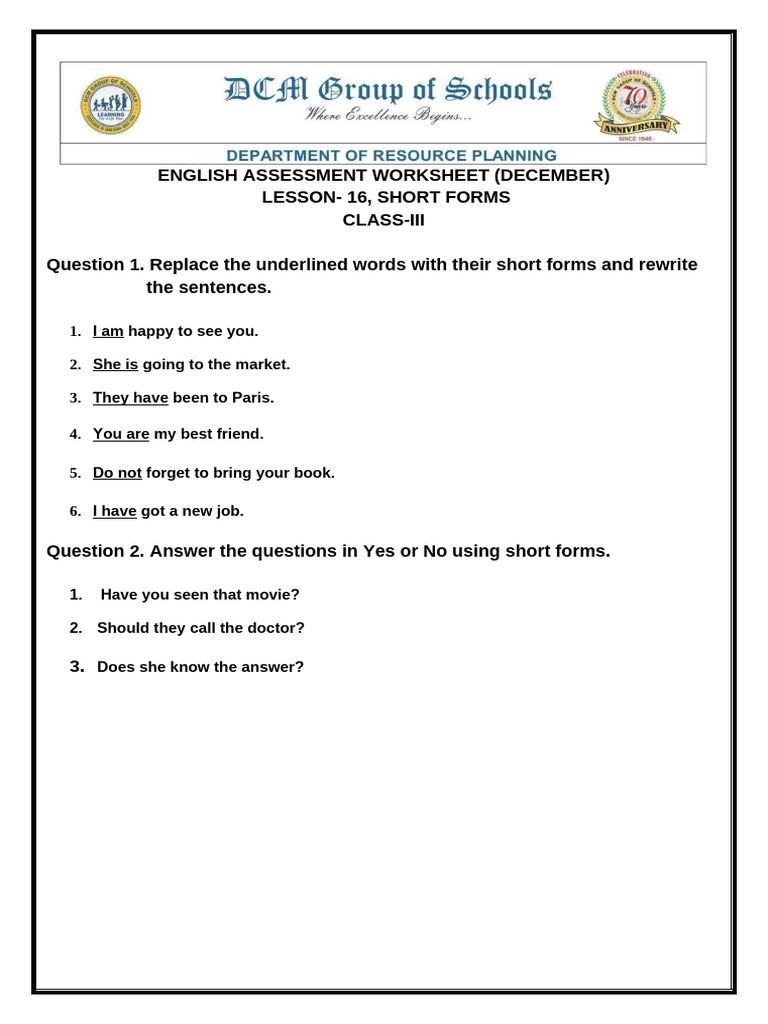 Class III Chapter - 24, Short Forms, Assessment Worksheet | PDF