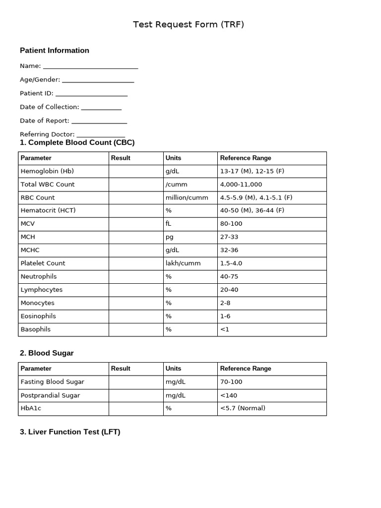 Blood_Investigation_Blank Format | PDF | Cell Biology | Medical Tests