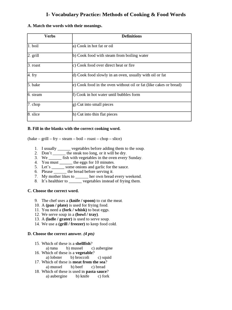 Food Vocabulary and Grammar Practice | PDF | Cooking | Soup