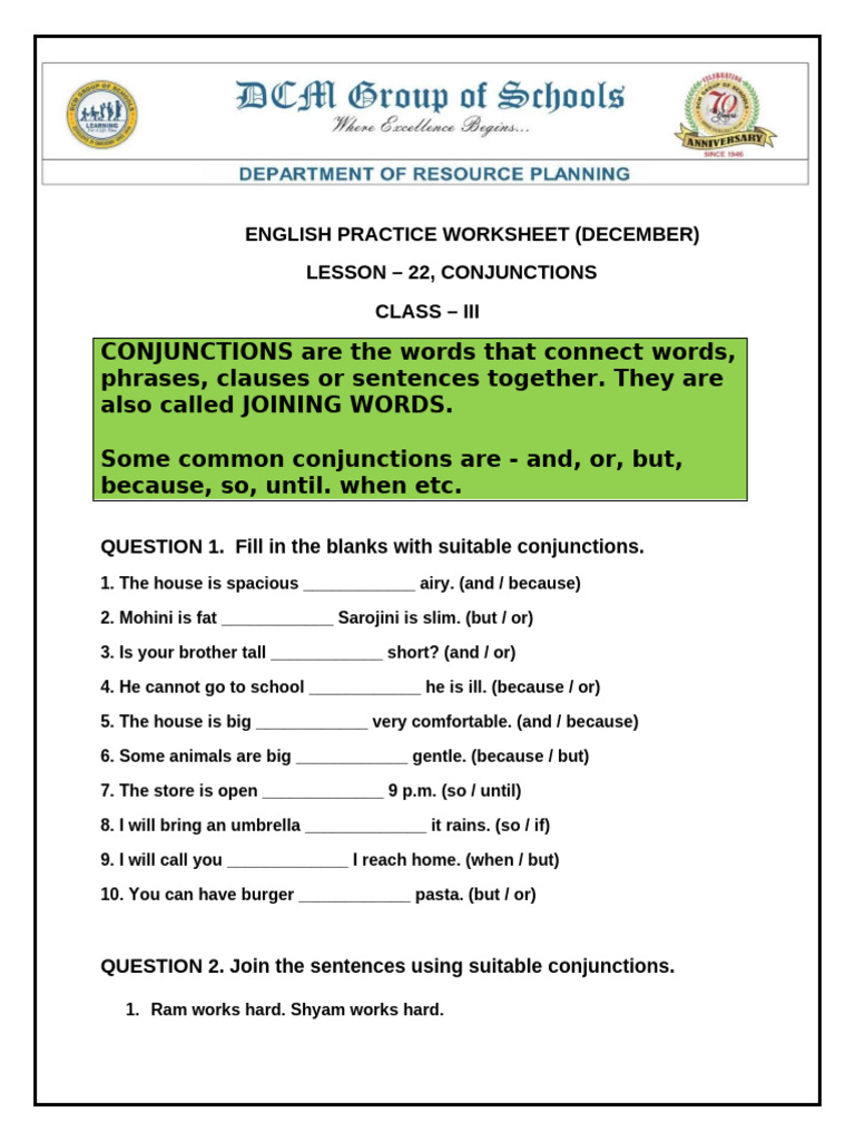Class III, Chapter-22, Conjunctions, Practice Worksheet | PDF