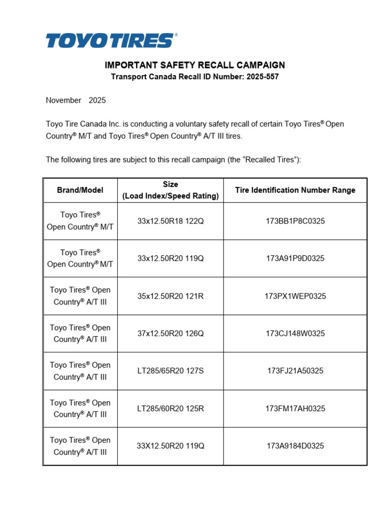 2025-Safety Recall Website Notice - Toyo Canada | PDF | Tire | Vehicle ...
