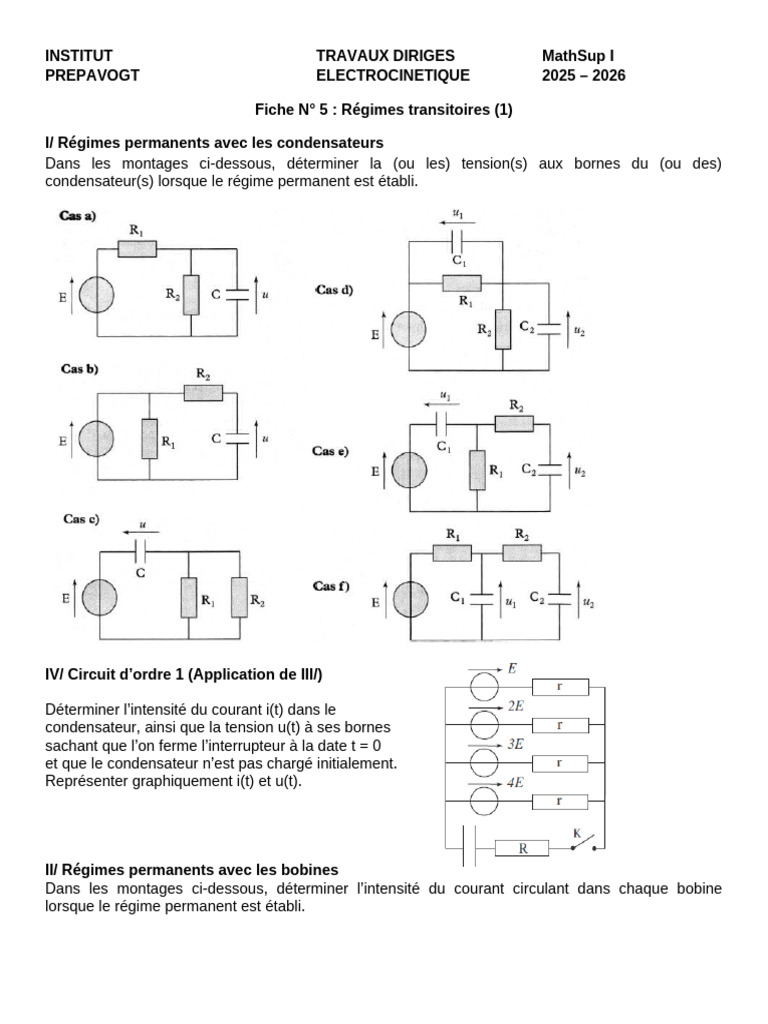 TD - Electro - Fiche 5 - Régimes Transitoires | PDF | Condensateur ...