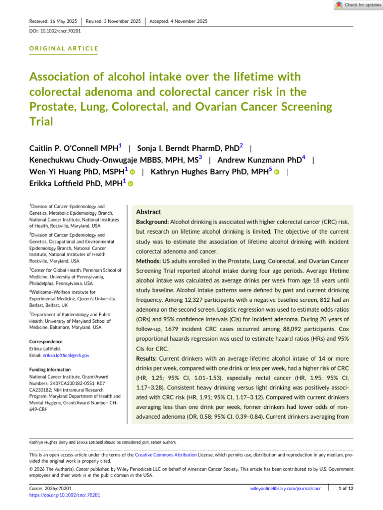 Cancer - 2026 - O'Connell - Association of Alcohol Intake Over The ...