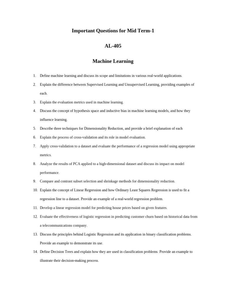 AL - 405 (Machine Learning)Important Questions for Mid Term-1 (1) | PDF