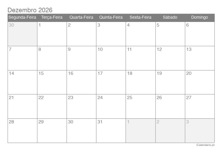 Calendario Dezembro 2026 6059 | PDF