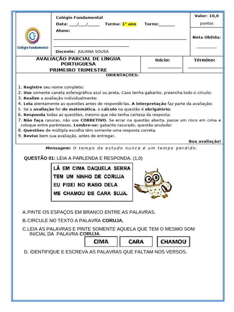 Prova e Revisão de Portugues 1 Ano | PDF | Linguística