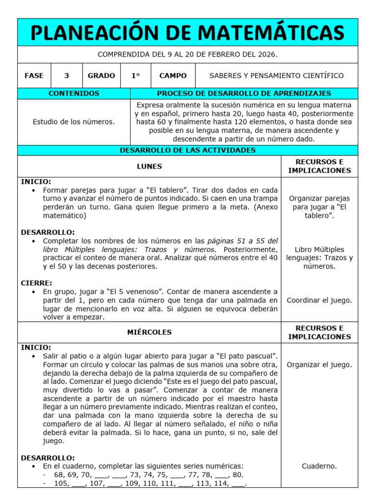Planeación de Matemáticas Semana 20 21 Primer Grado Pronalees Xochitl ...