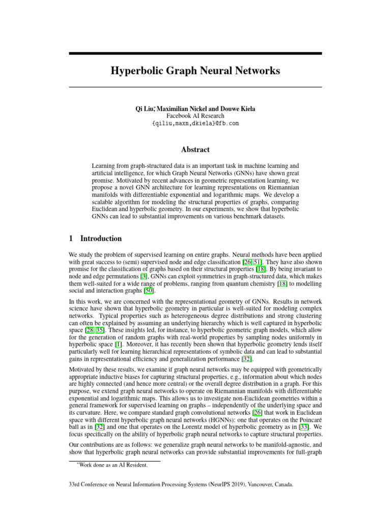 Hyperbolic Graph Neural Networks: Qi Liu, Maximilian Nickel and Douwe ...