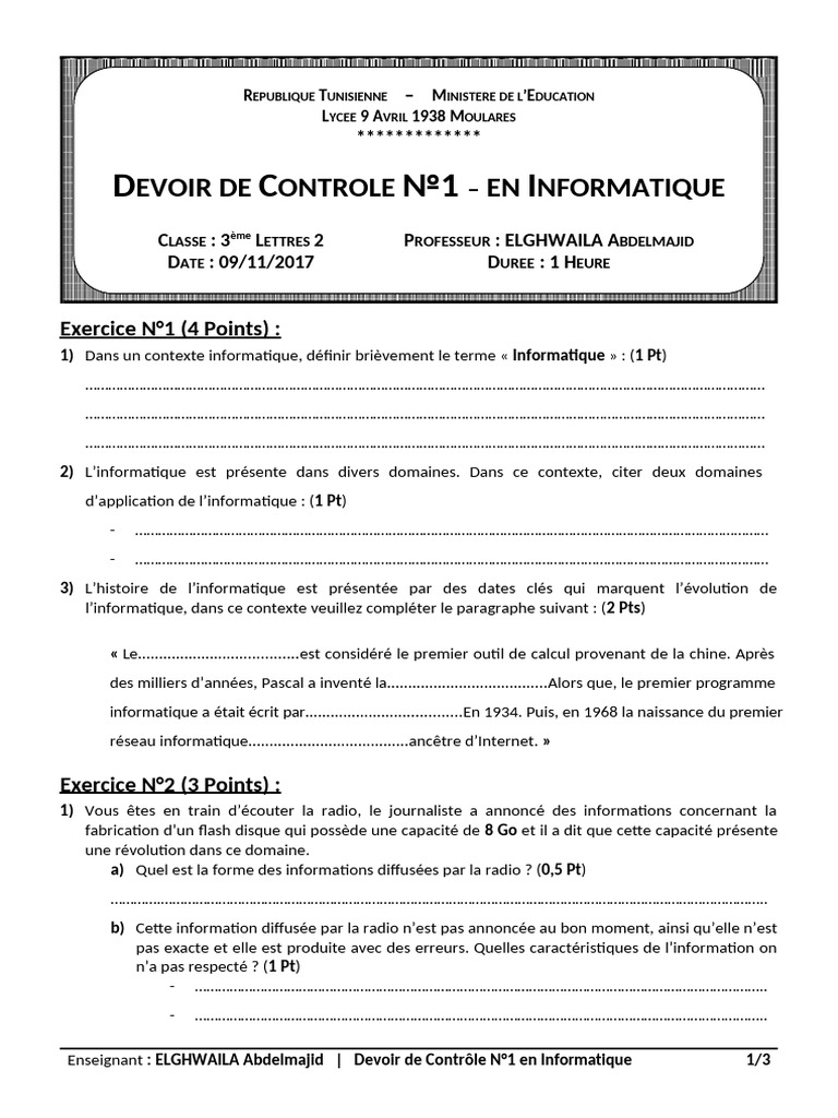 Evoir de Ontrole EN Nformatique: Exercice N°1 (4 Points) | PDF ...