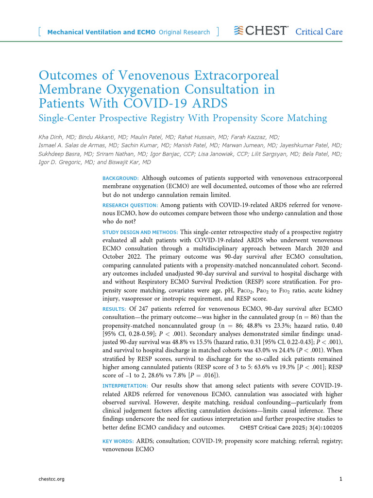 Outcomes of Venovenous Extracorporeal Membrane Oxy | PDF | Clinical ...