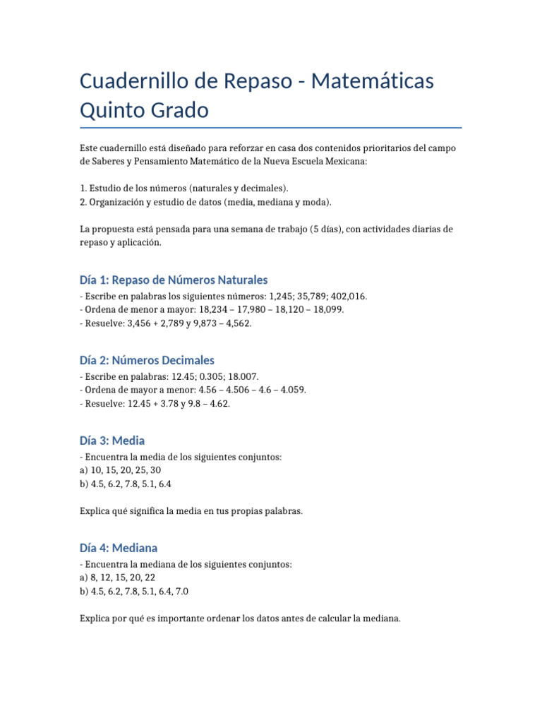 Cuadernillo Matematicas Quinto | PDF