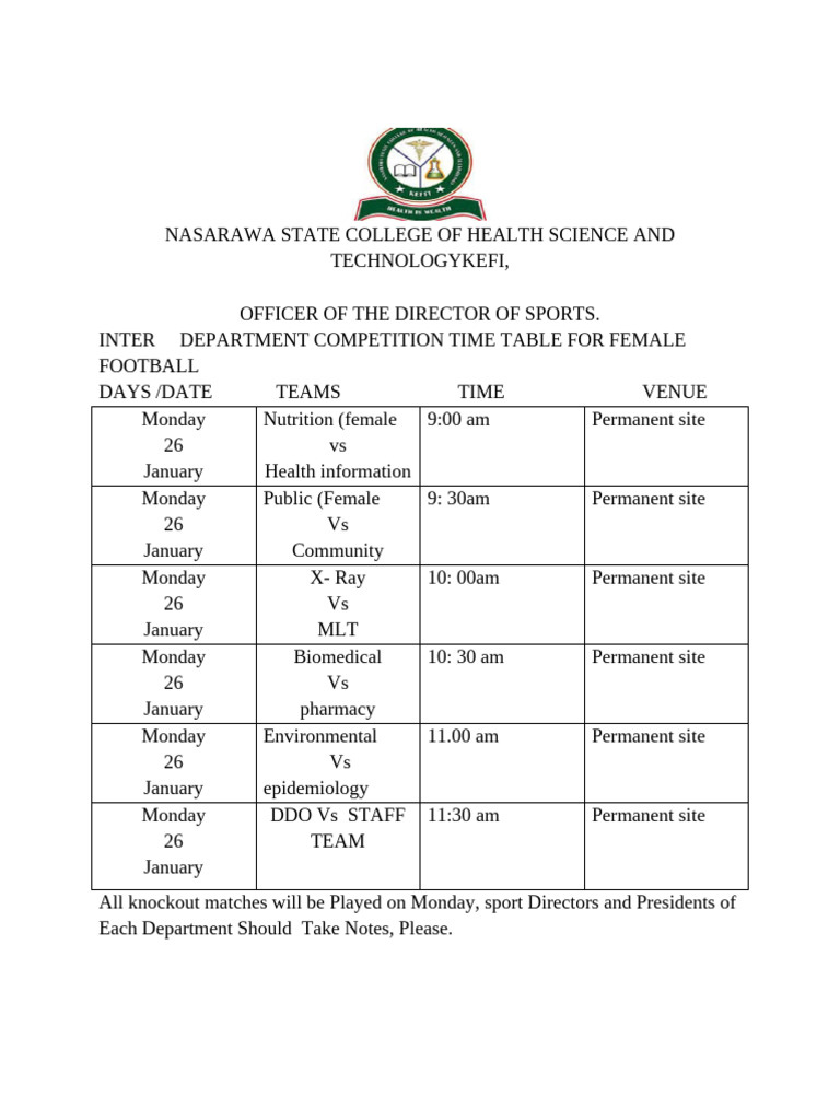 Female Football Time Table | PDF