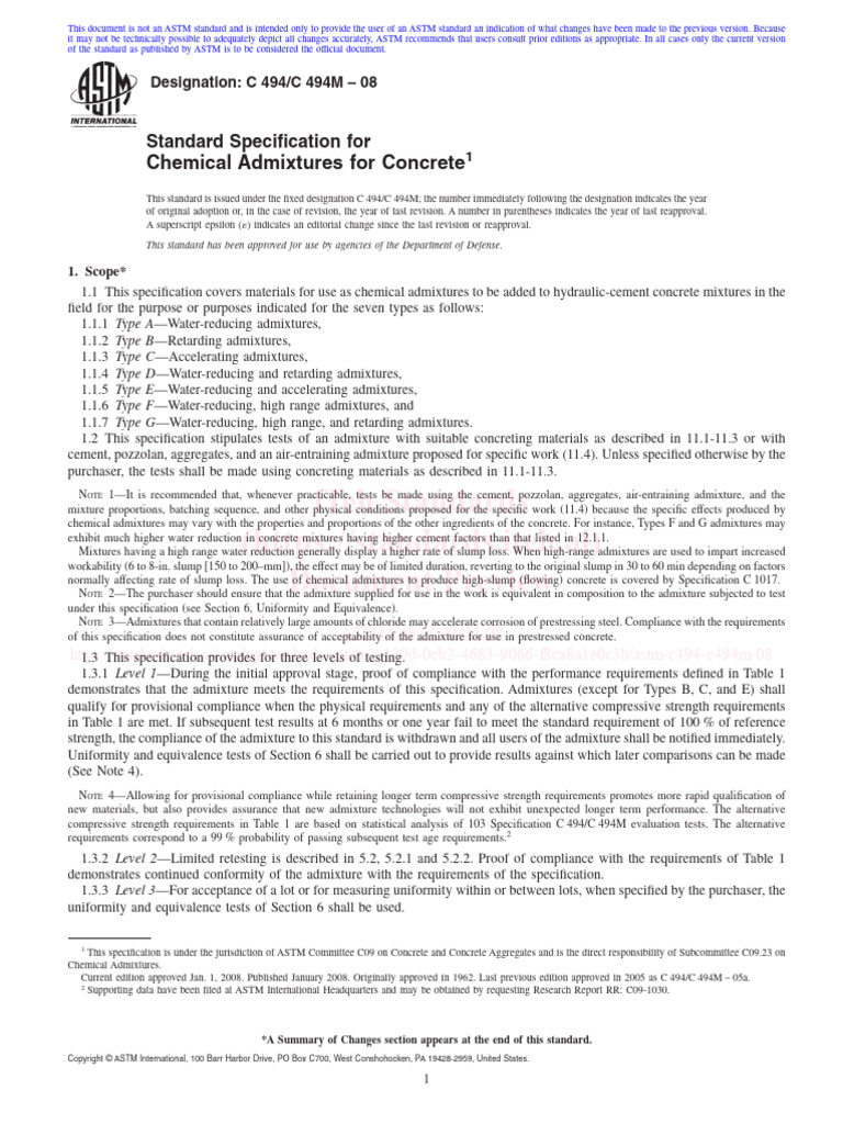 ASTM C494-C494M-08 Chemical Admixtures For Concrete | PDF | Concrete ...