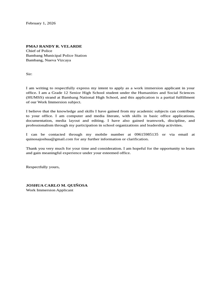 Work Immersion Letter To Bnhs | PDF