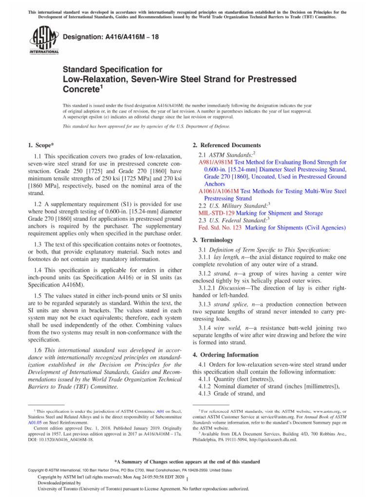 ASTM A416 - Low Relaxation Seven Wire Steel Strand | PDF