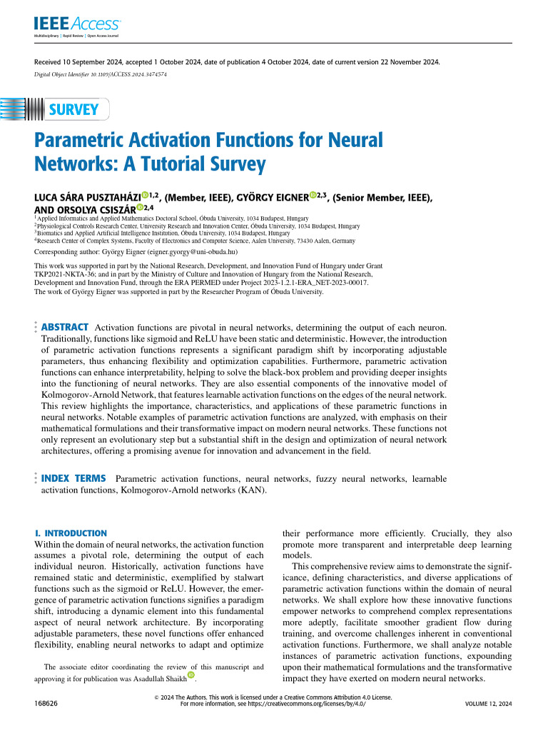 Parametric Activation Functions For Neural Networks A Tutorial Survey ...