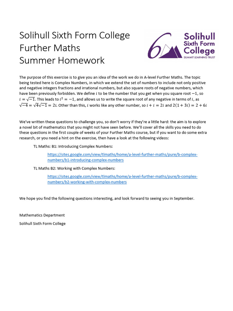 WTCD-2025-Further-Maths-Summer-Homework | PDF | Numbers | Square Root