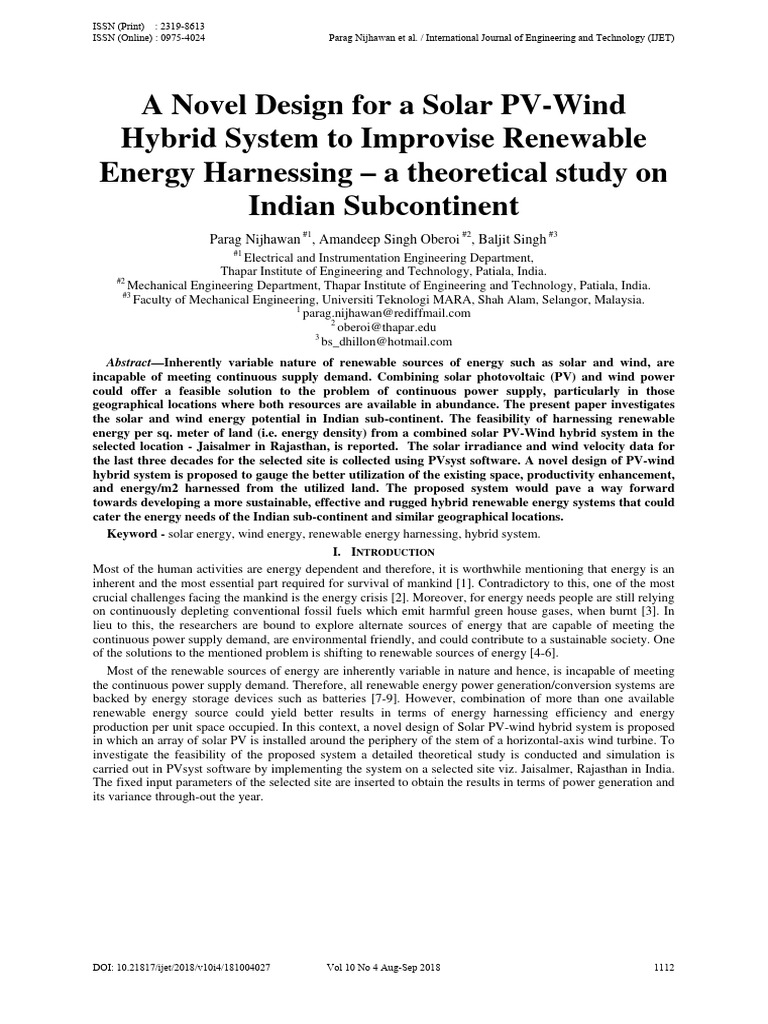 A Novel Design for a Solar PV Wind Hybri | PDF | Photovoltaics ...