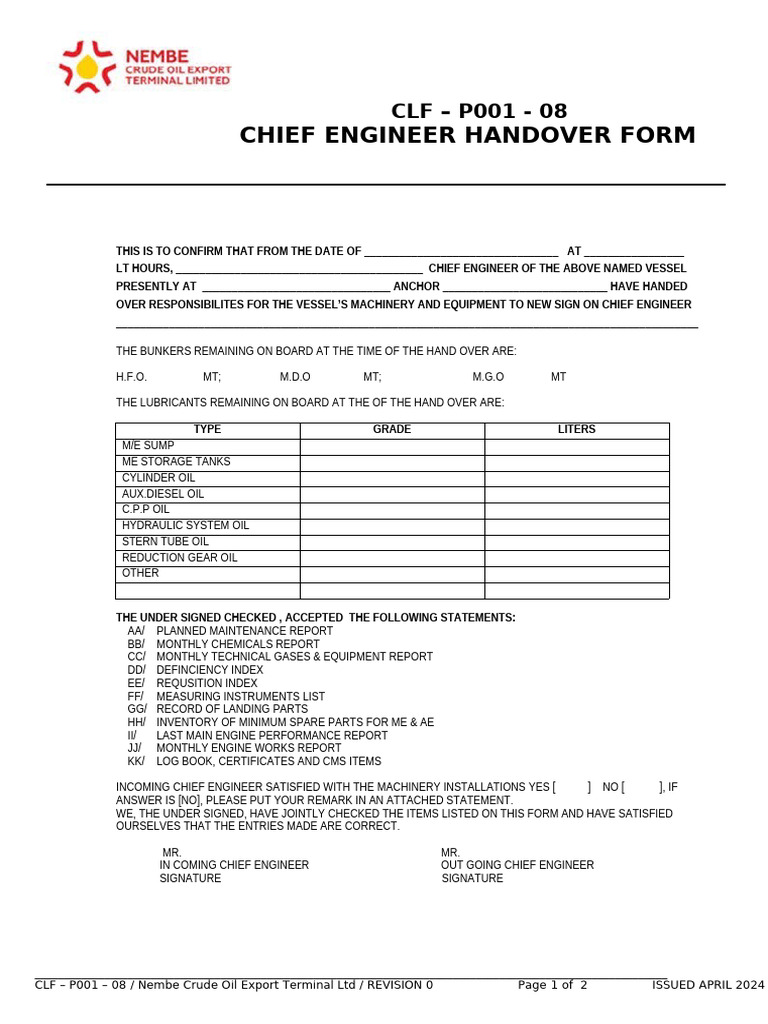 P001-08 Chief Engineer Hand-Over Form | PDF | Hydrocarbons | Petroleum
