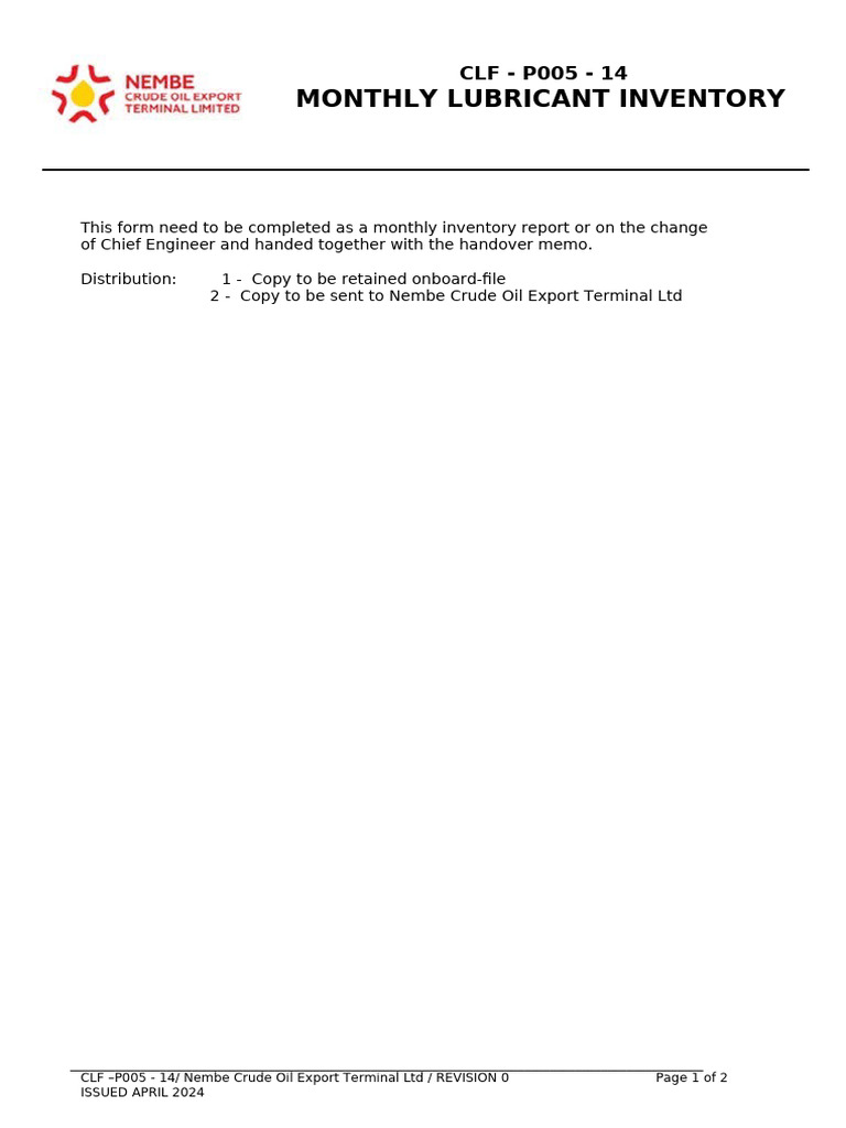 P005-14 Monthly Lubricant Inventory | PDF