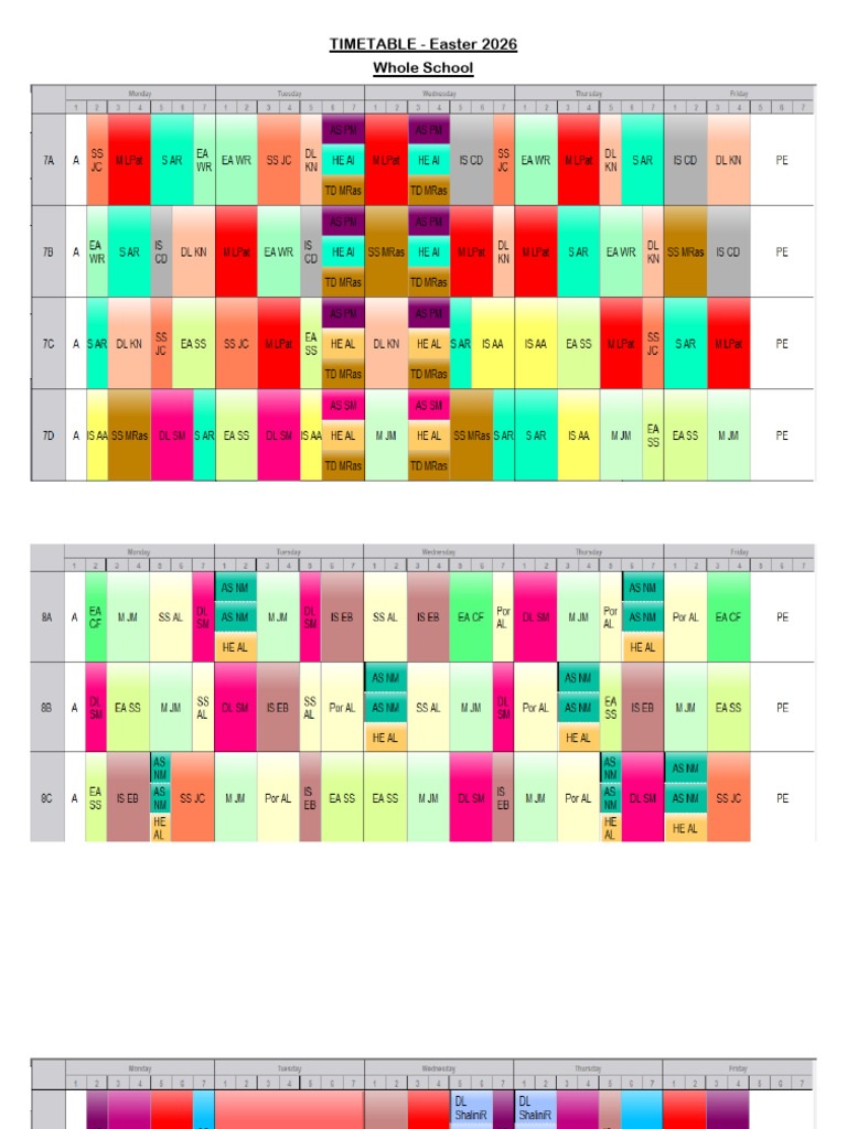 TimeTable - Year 2026 - Easter Term | PDF