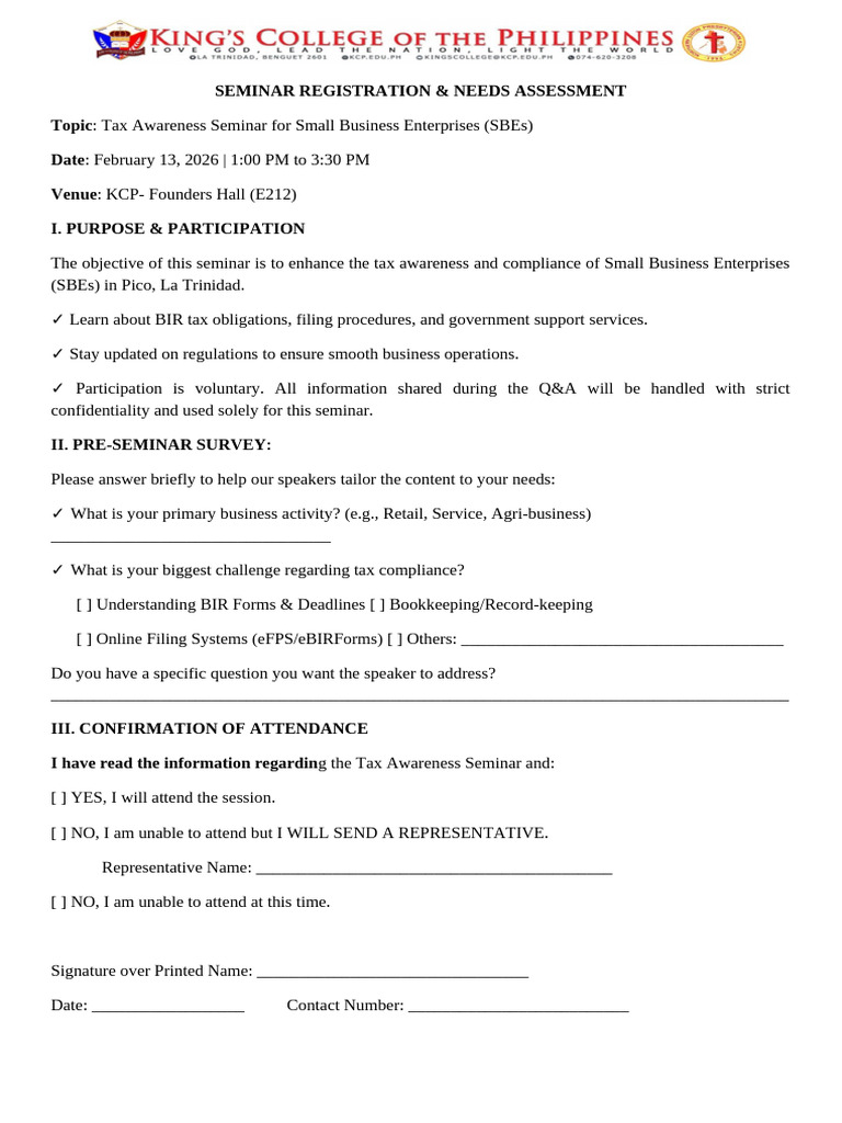 Registration Needs Assessment Form 1 | PDF