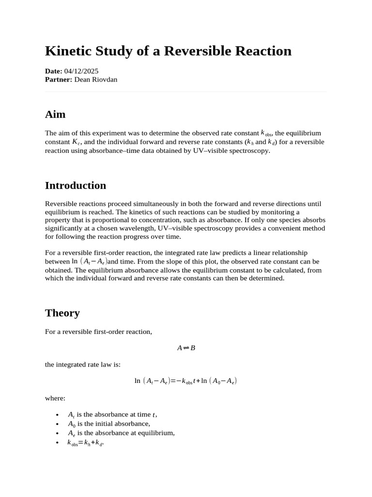 K2 Kinetic Study of A Reversible React | PDF | Chemical Kinetics ...