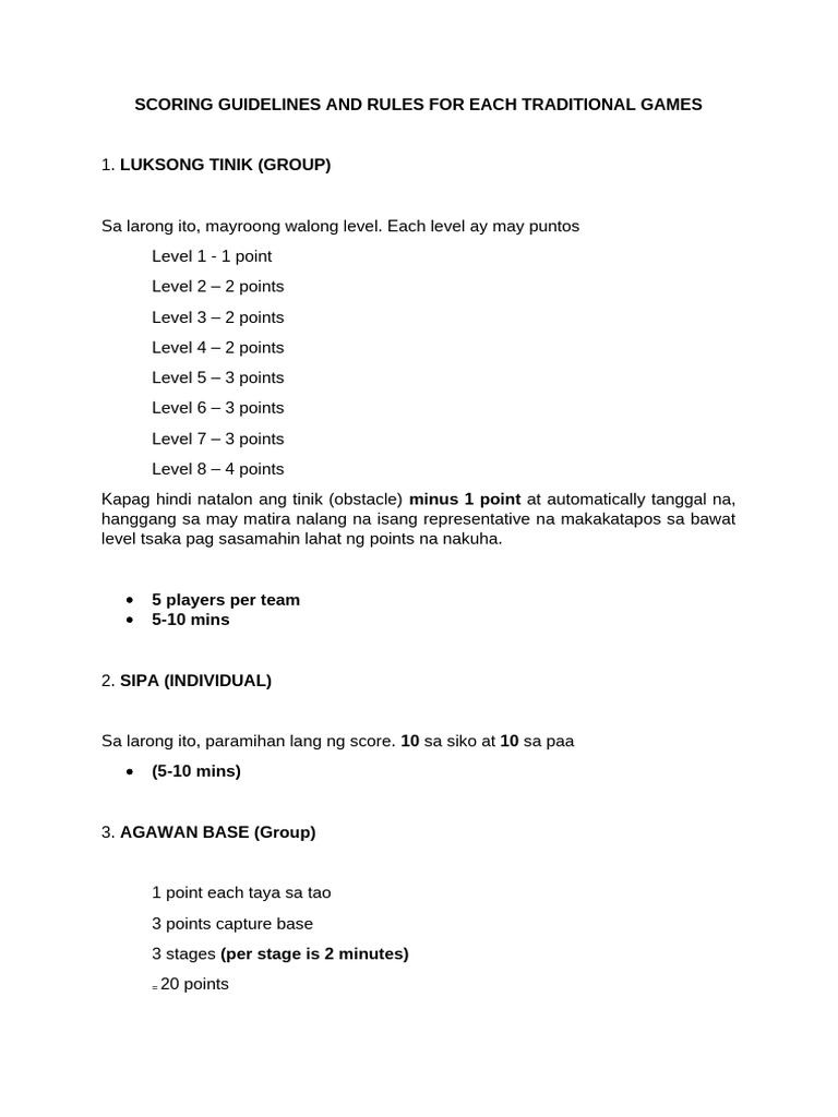 Scoring Guidelines and Rules For Each Traditional Games | PDF | Chess ...